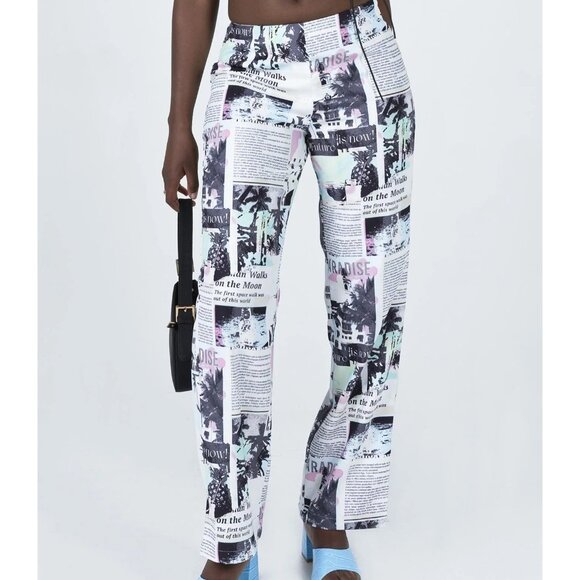 Princess Polly Pants - Princess Polly In My Element Mid Rise Pants Newspaper Print Size 4 Retro Y2K